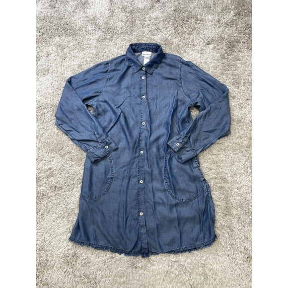 Tommy Bahama Shirt Dress Womens Medium Blue Tencel Button Pockets Frayed Hem - Picture 1 of 10